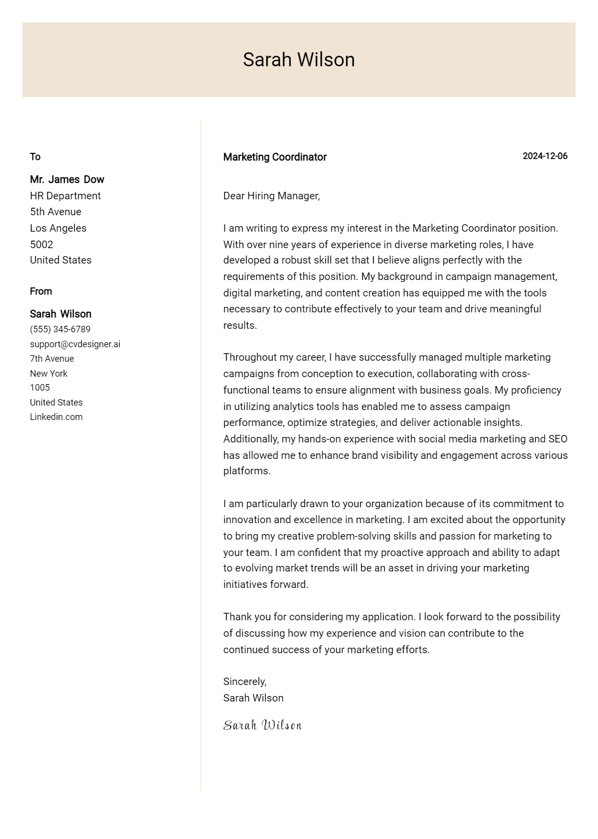 marketing coordinator cover letter example