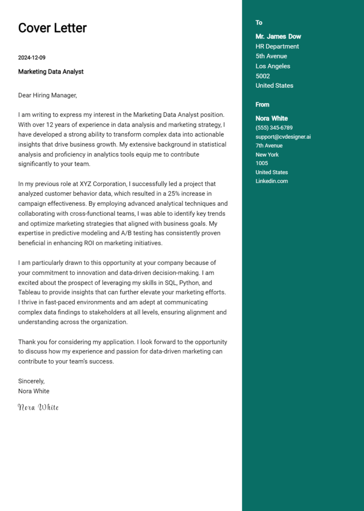 marketing data analyst cover letter example