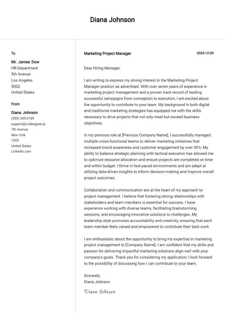 marketing project manager cover letter example