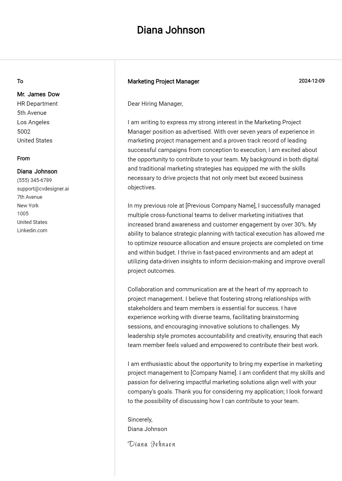 marketing project manager cover letter example