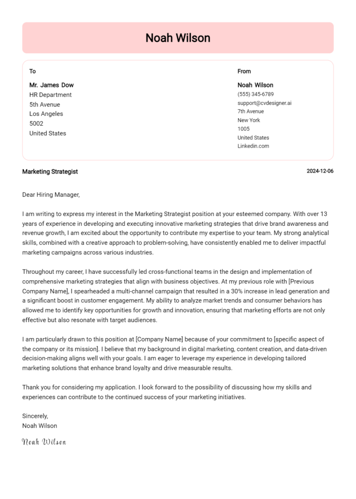 marketing strategist cover letter example