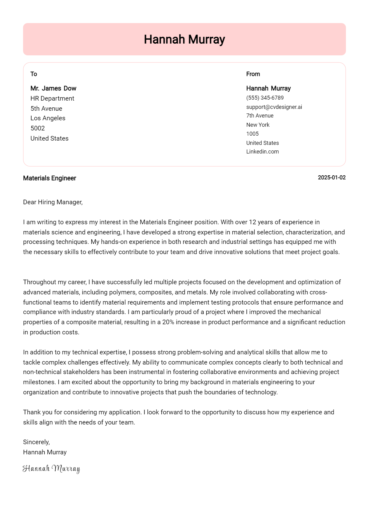 materials engineer cover letter example