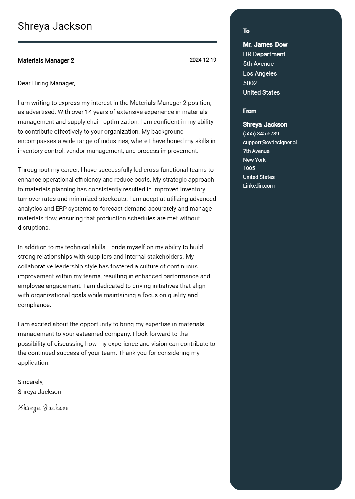 materials manager 2 cover letter example