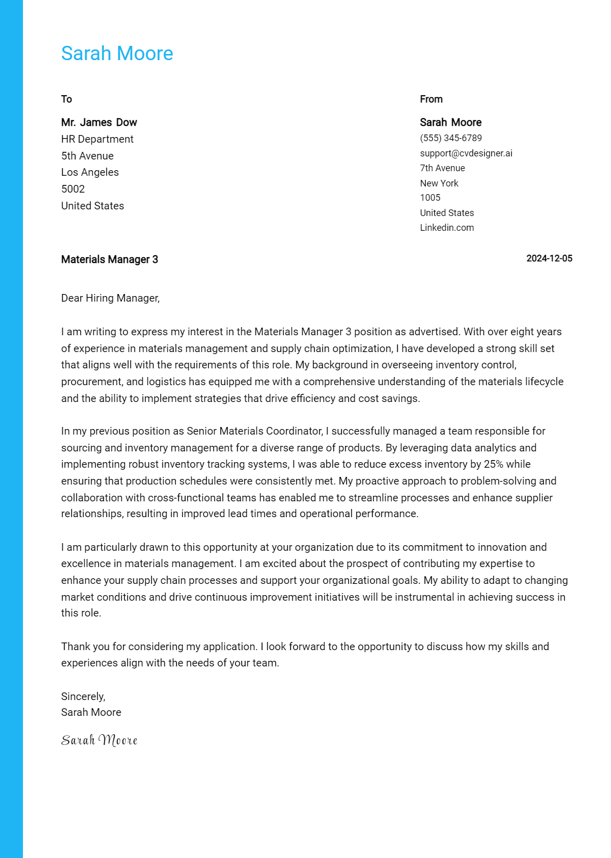 materials manager 3 cover letter example