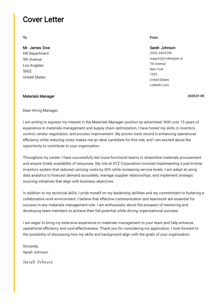 materials manager cover letter example