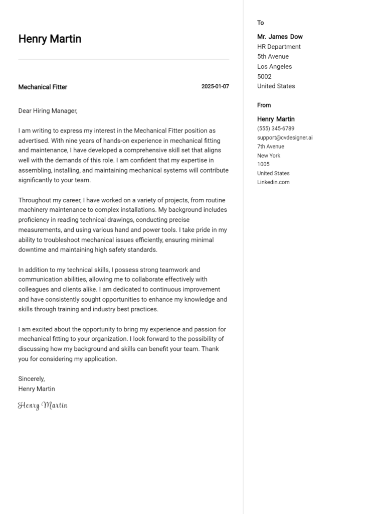 mechanical fitter cover letter example