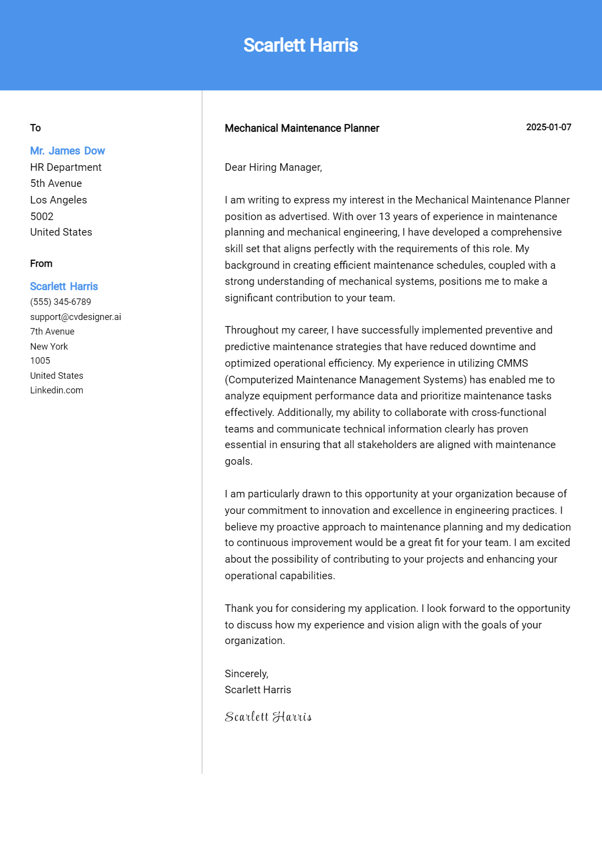 mechanical maintenance planner cover letter example