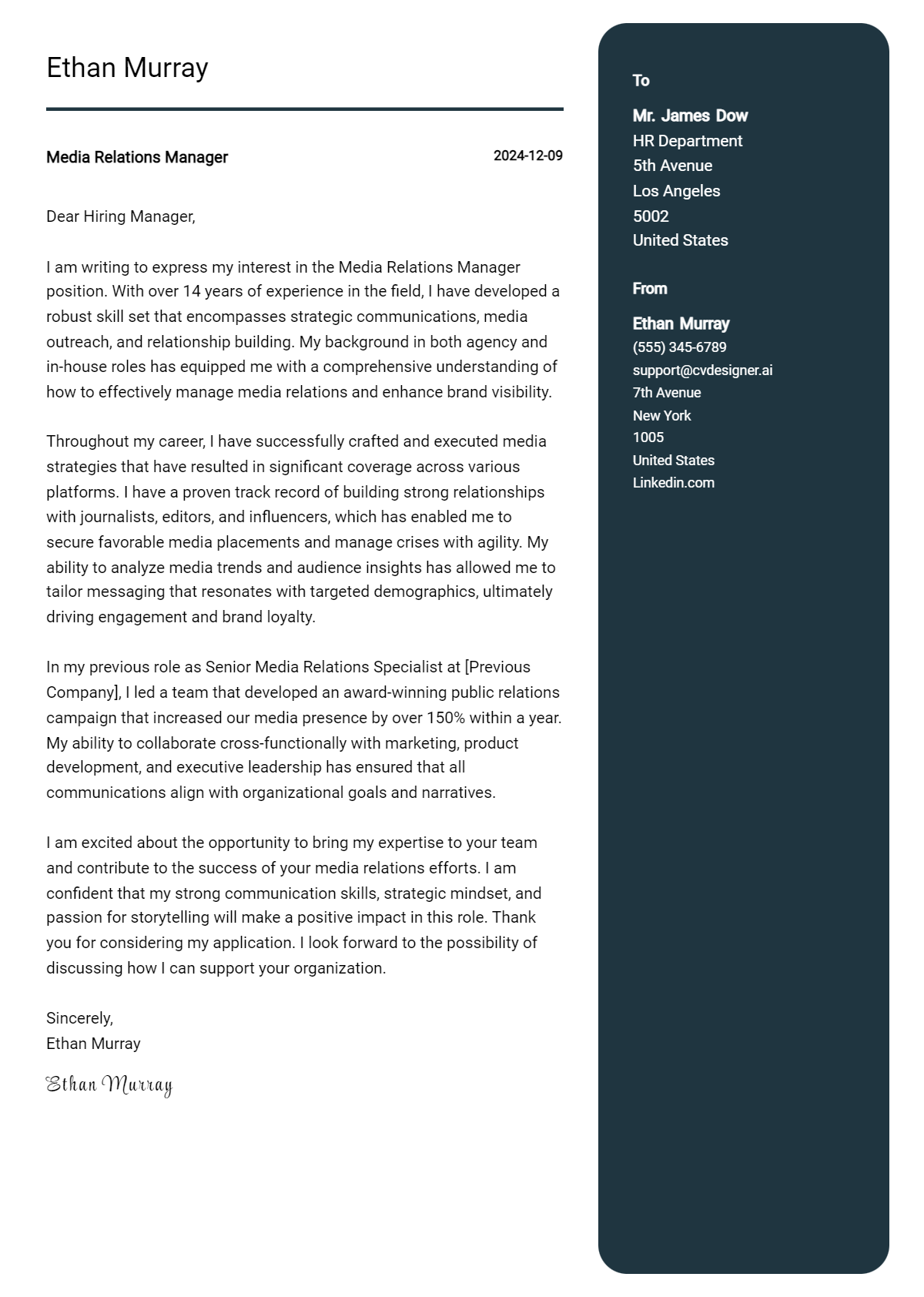 media relations manager cover letter example