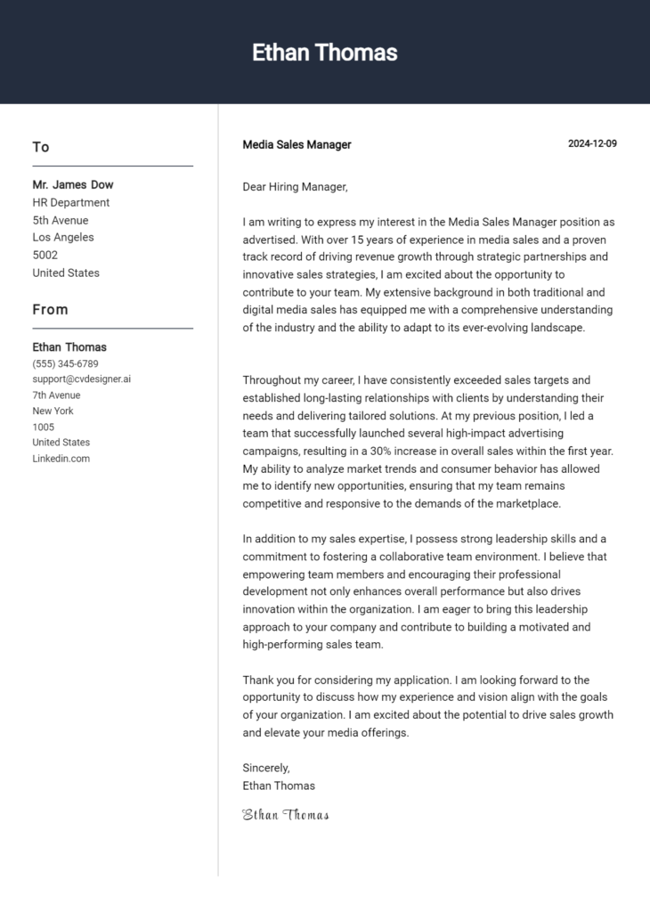 media sales manager cover letter example