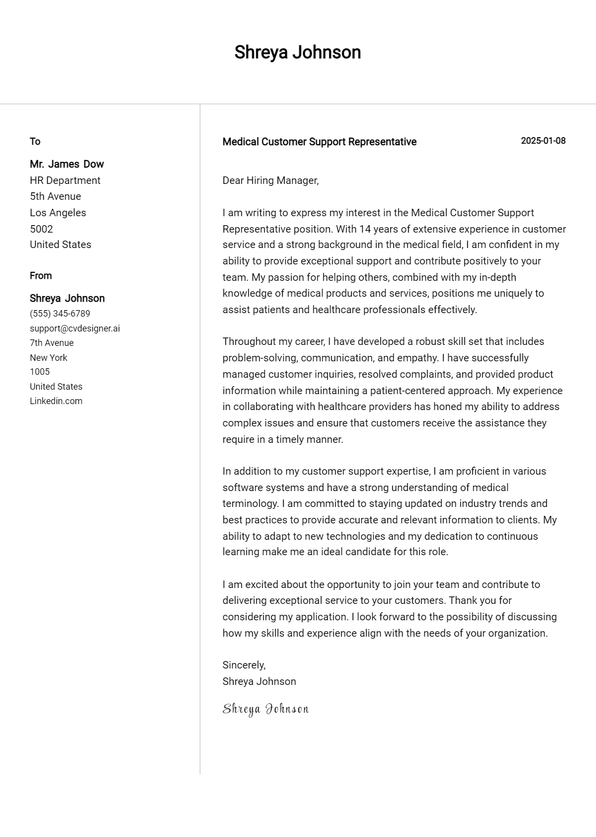 medical customer support representative cover letter example