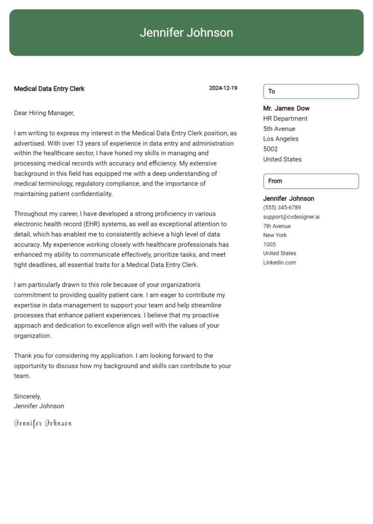 medical data entry clerk cover letter example