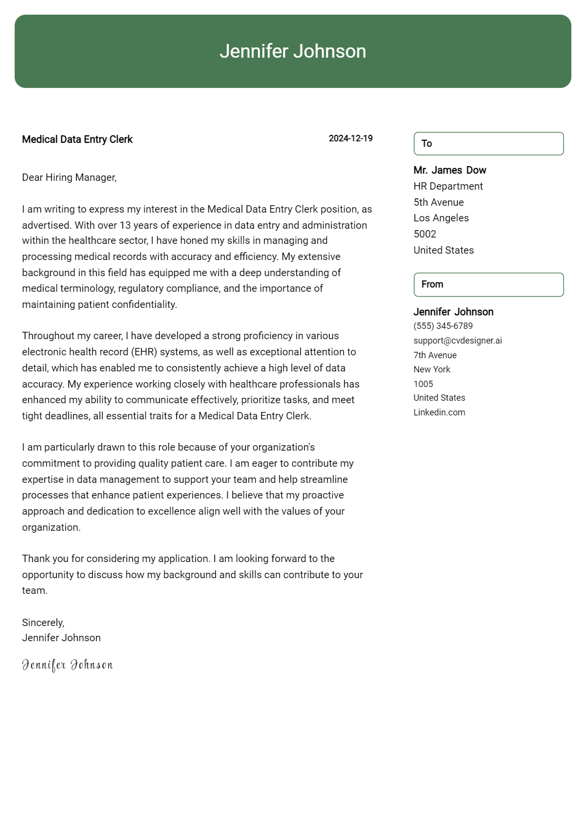 medical data entry clerk cover letter example