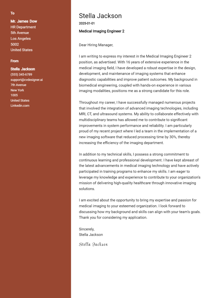 medical imaging engineer 2 cover letter example