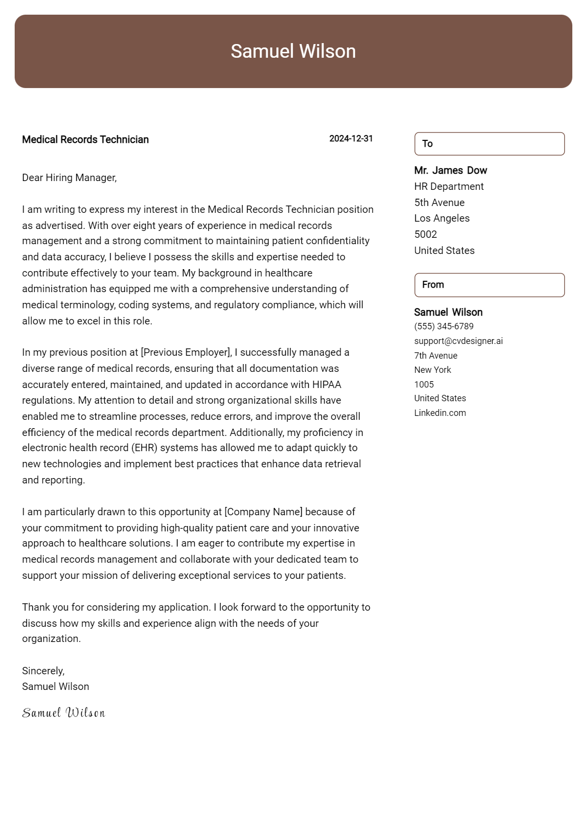 medical records technician cover letter example