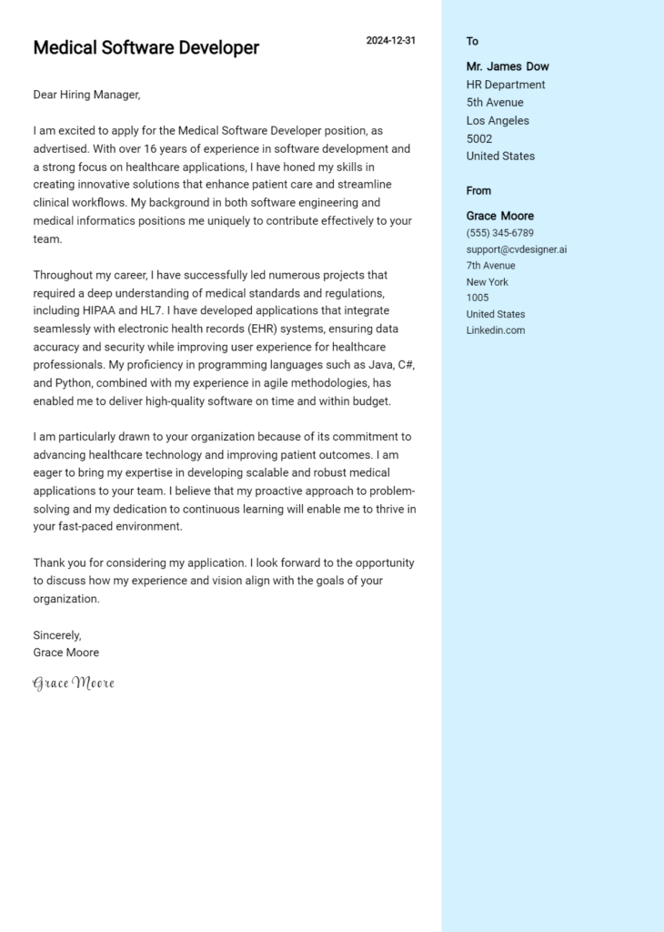 medical software developer cover letter example