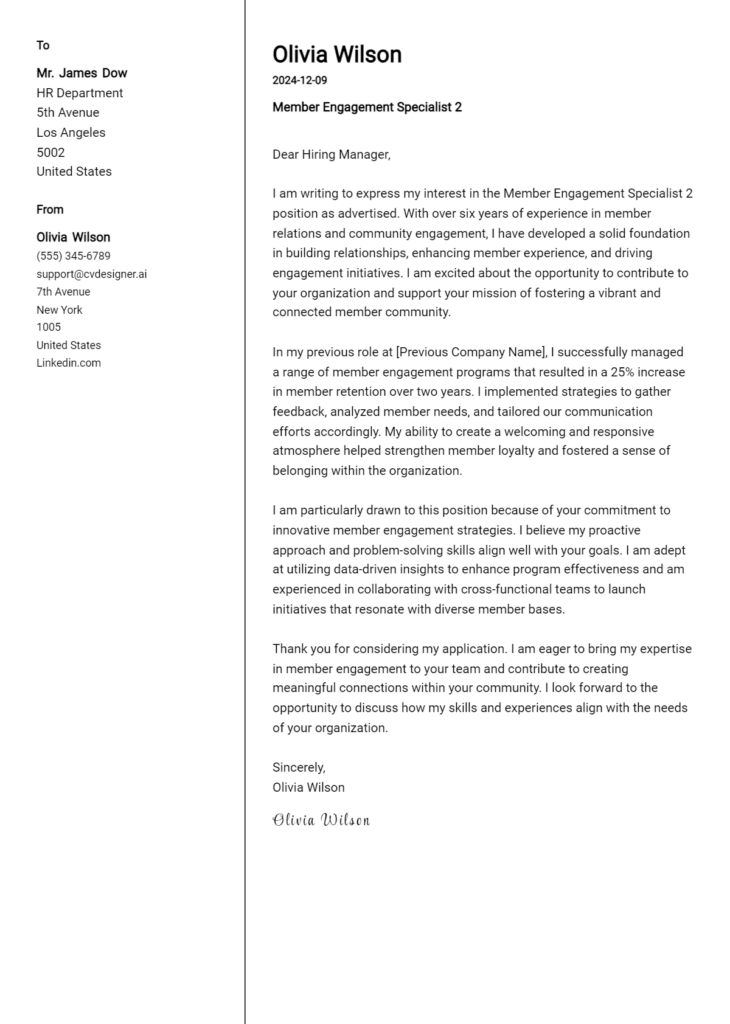 member engagement specialist 2 cover letter example