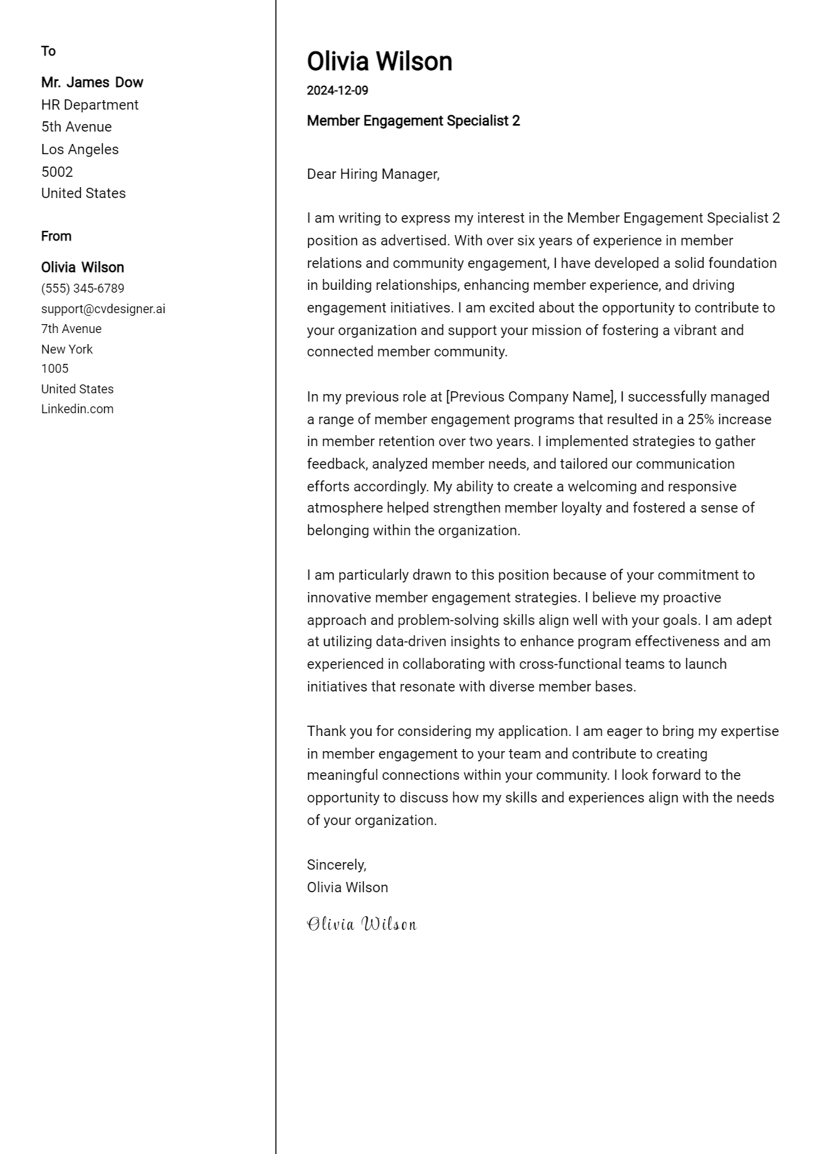 member engagement specialist 2 cover letter example