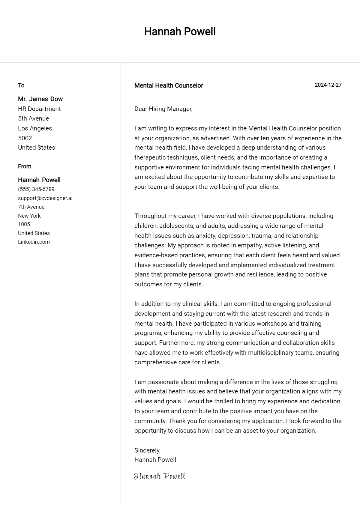 mental health counselor cover letter example