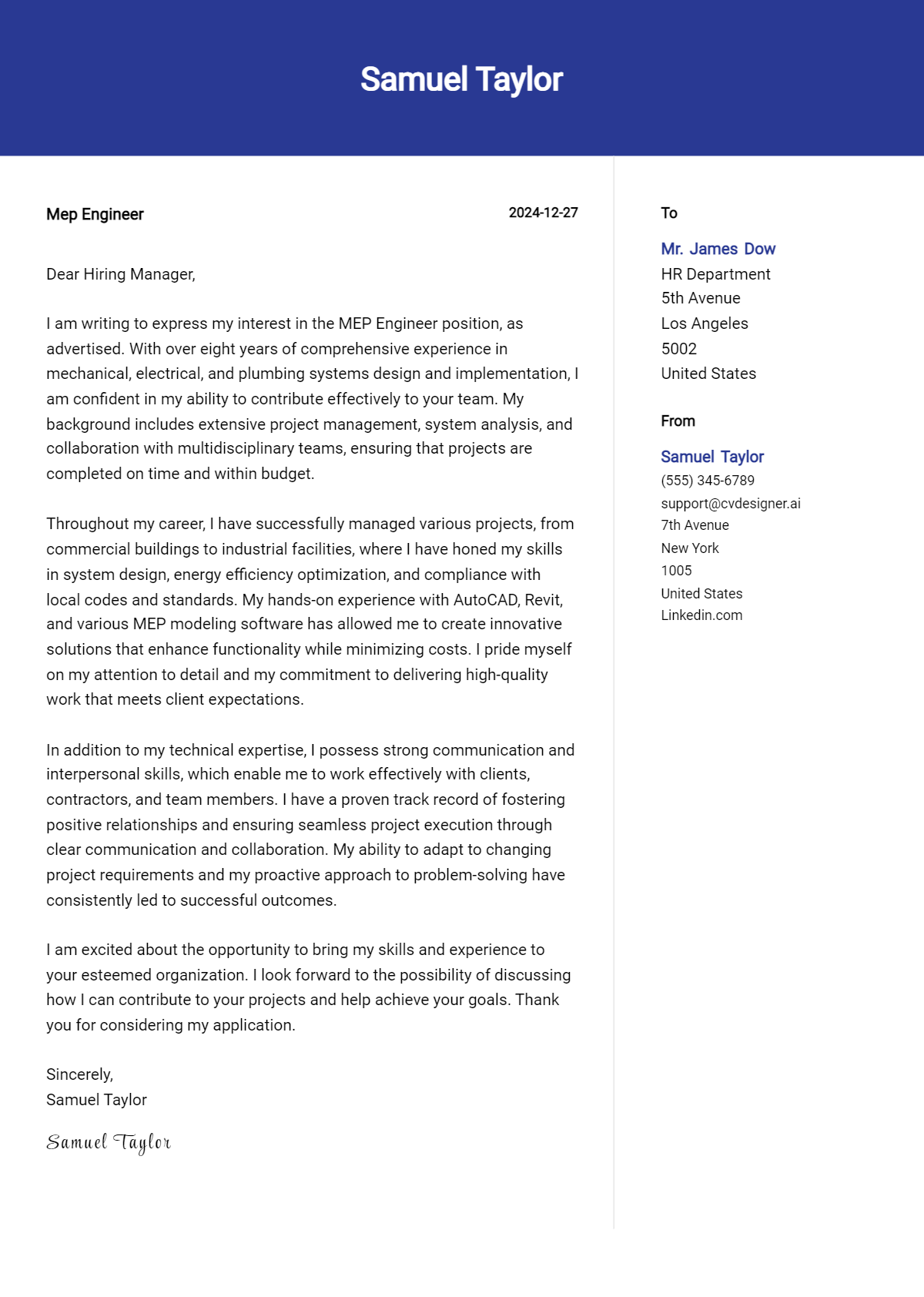 mep engineer cover letter example