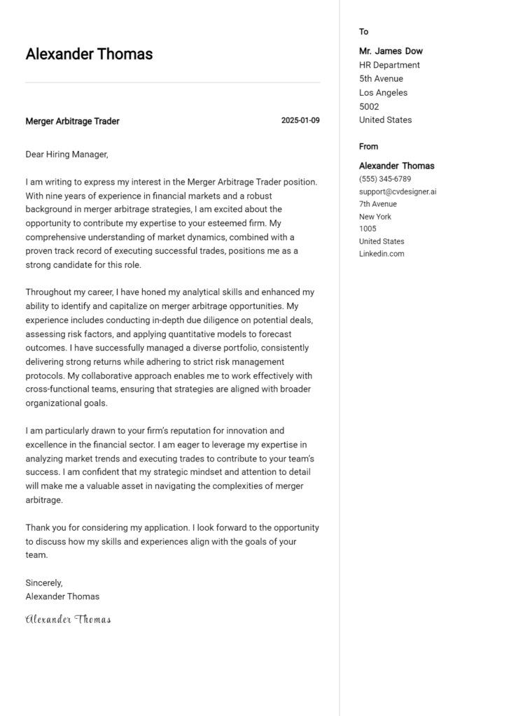 merger arbitrage trader cover letter example