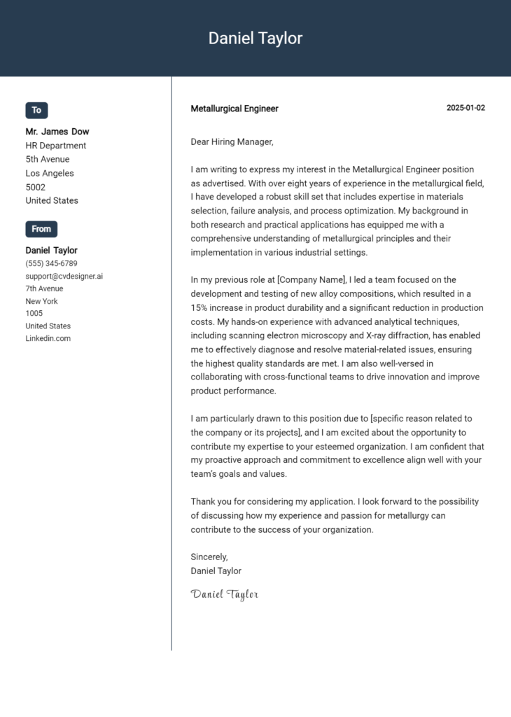 metallurgical engineer cover letter example