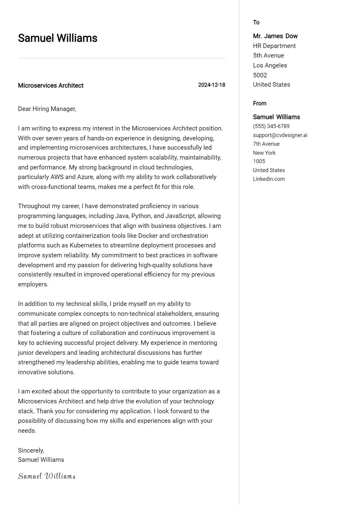 microservices architect cover letter example