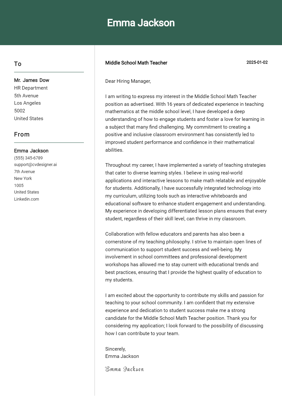 middle school math teacher cover letter example