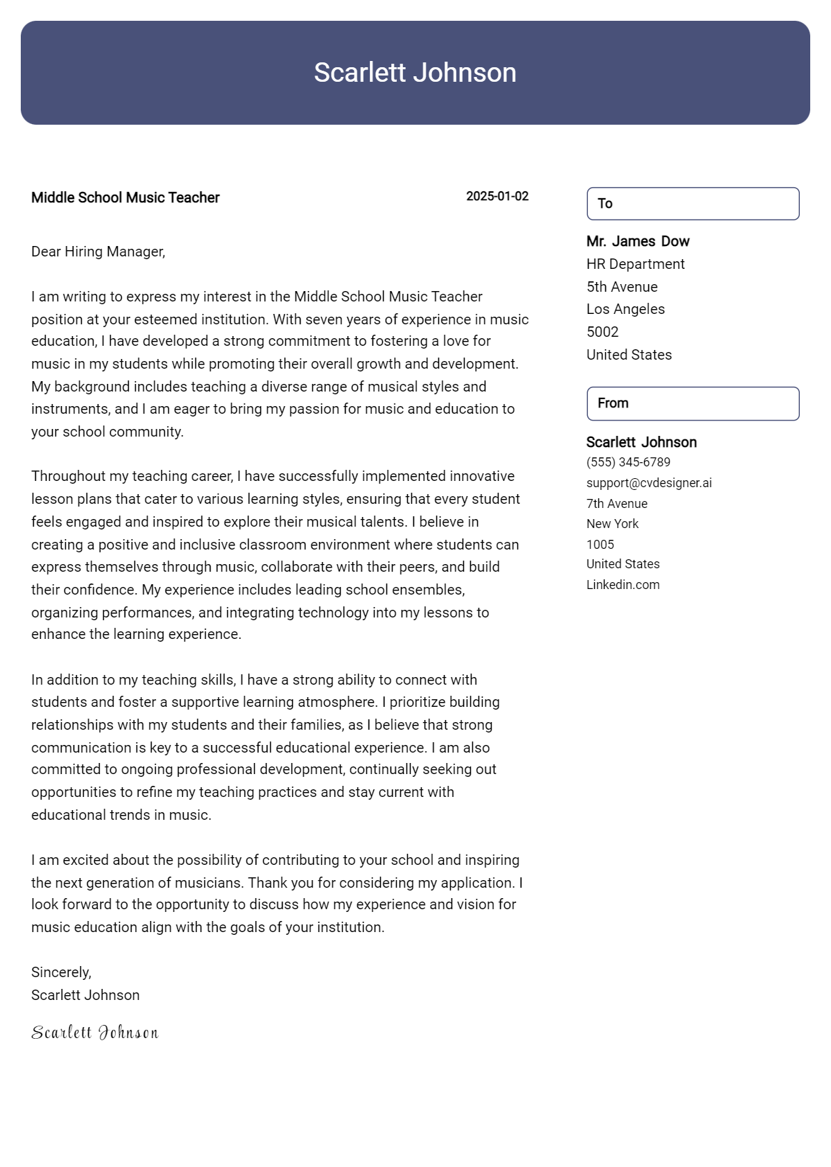 middle school music teacher cover letter example