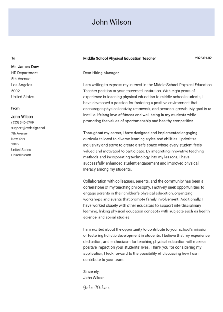 middle school physical education teacher cover letter example