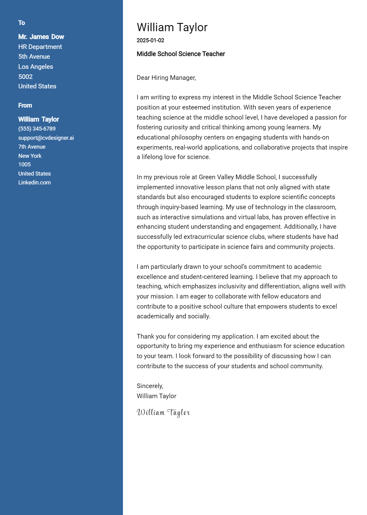 middle school science teacher cover letter example