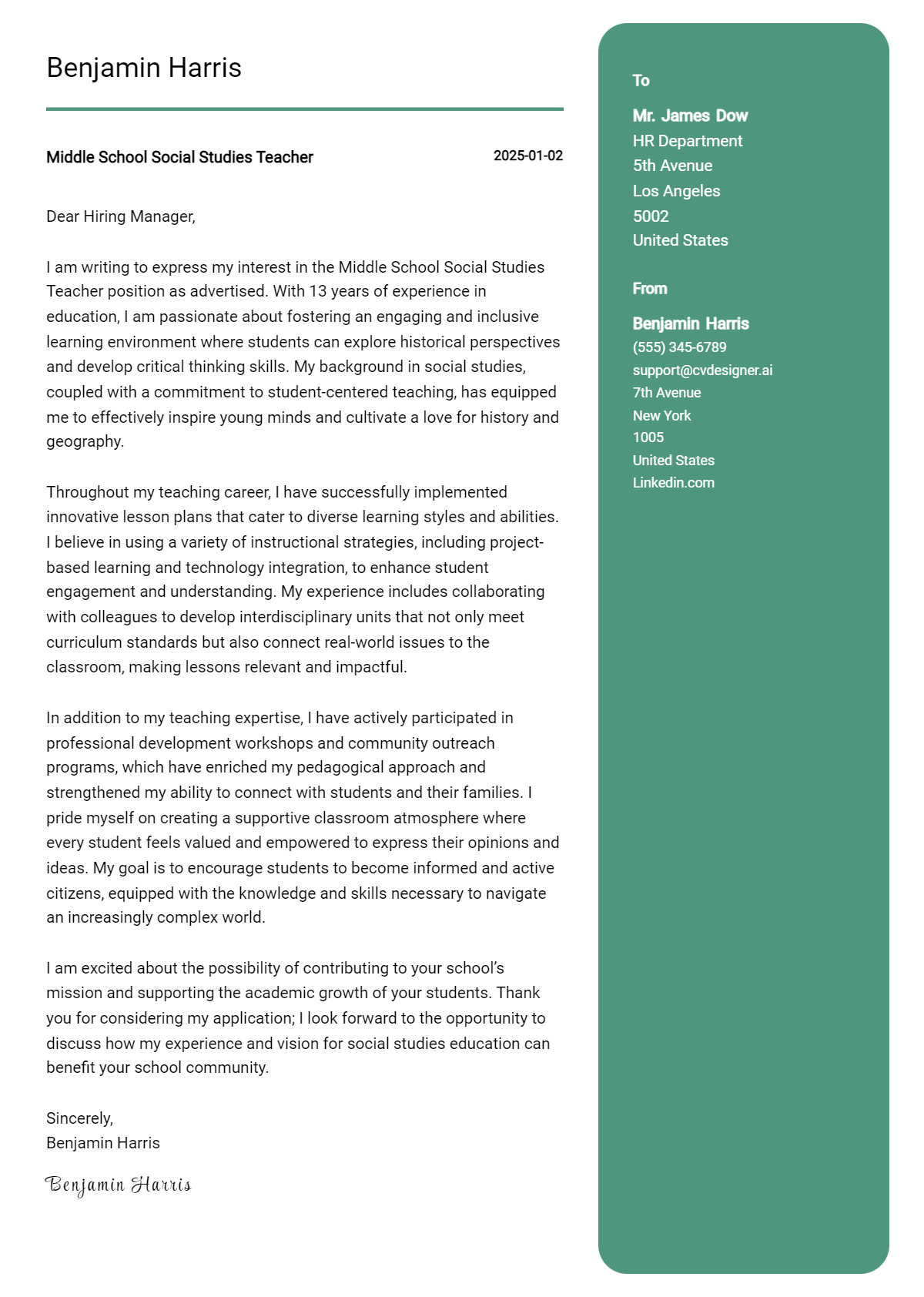 middle school social studies teacher cover letter example