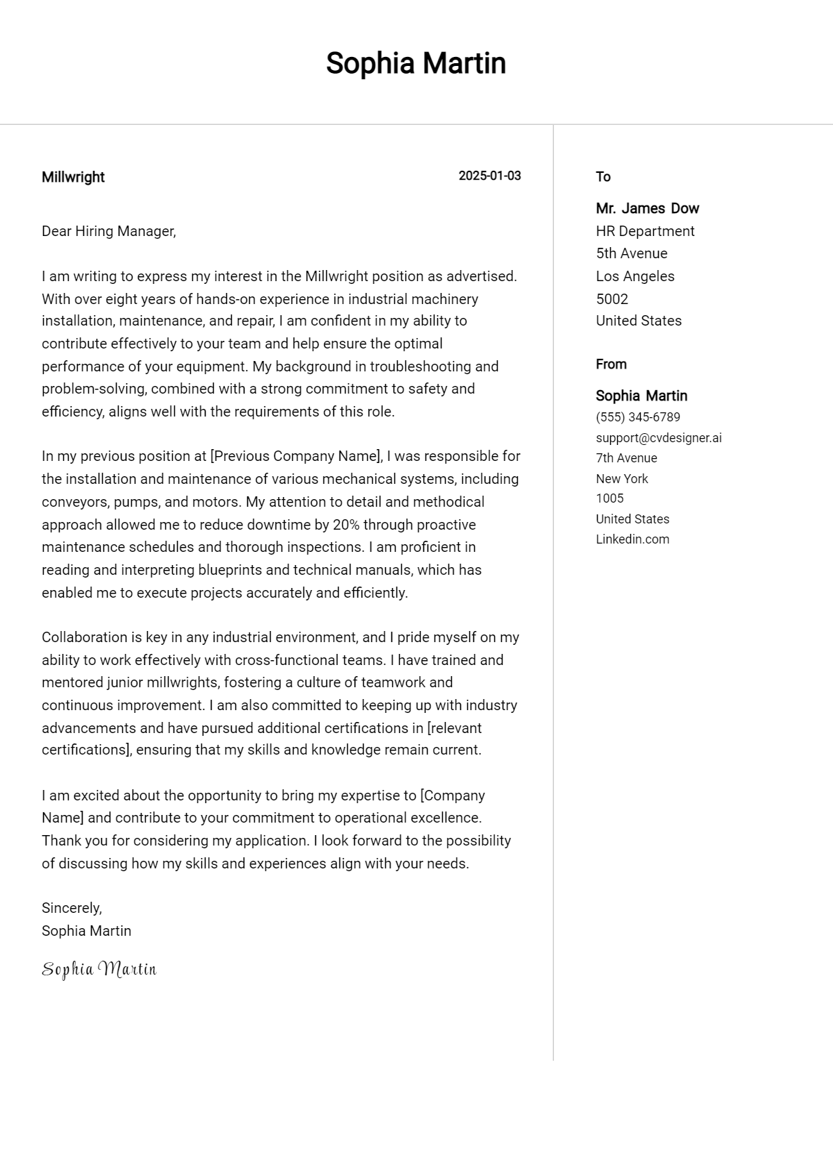 millwright cover letter example