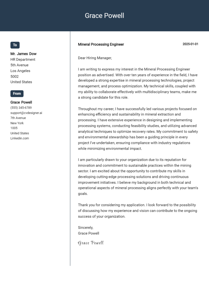 mineral processing engineer cover letter example