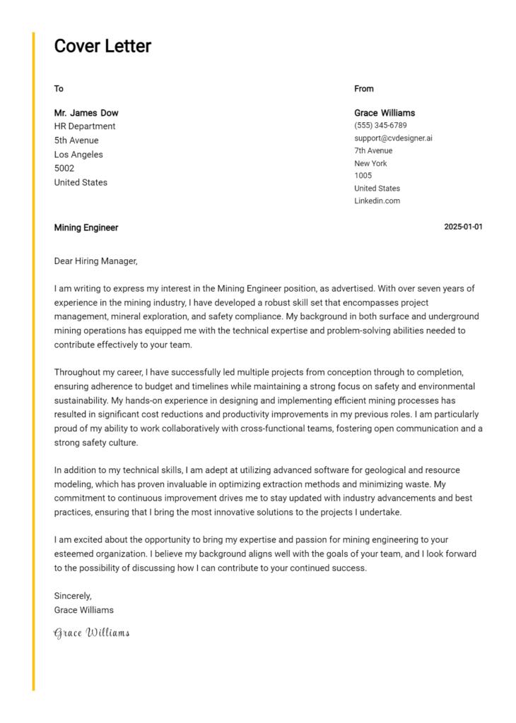 mining engineer cover letter example