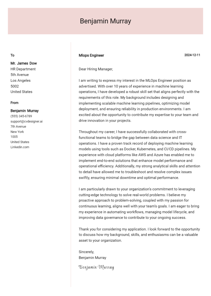 mlops engineer cover letter example