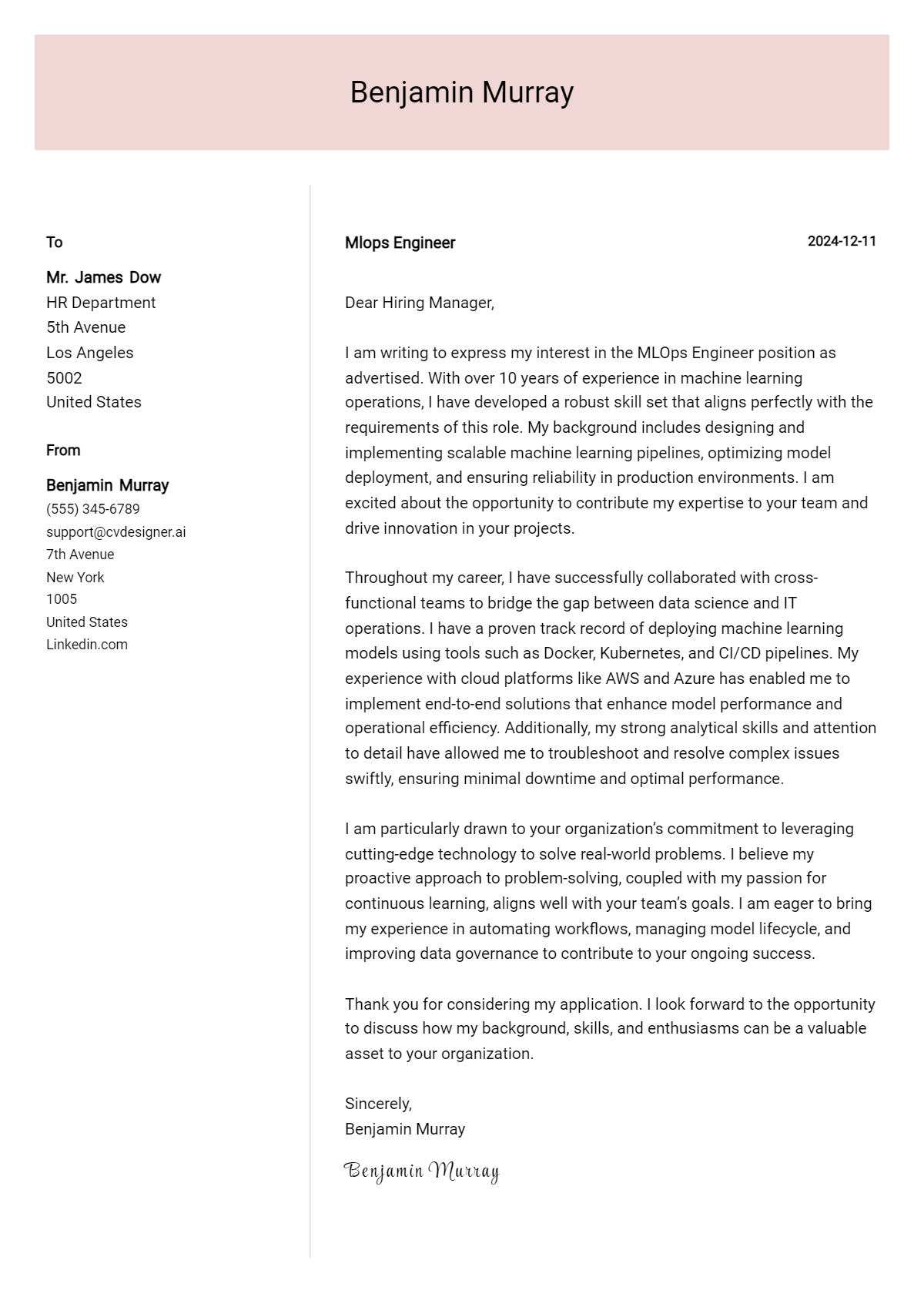 mlops engineer cover letter example