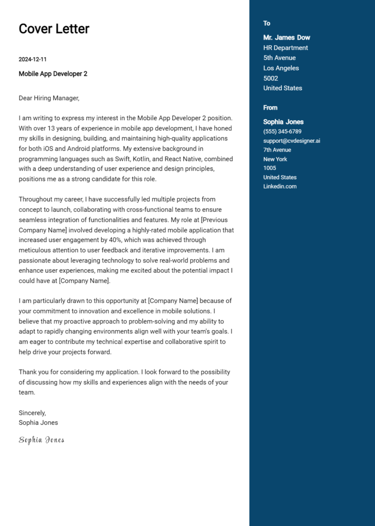 mobile app developer 2 cover letter example