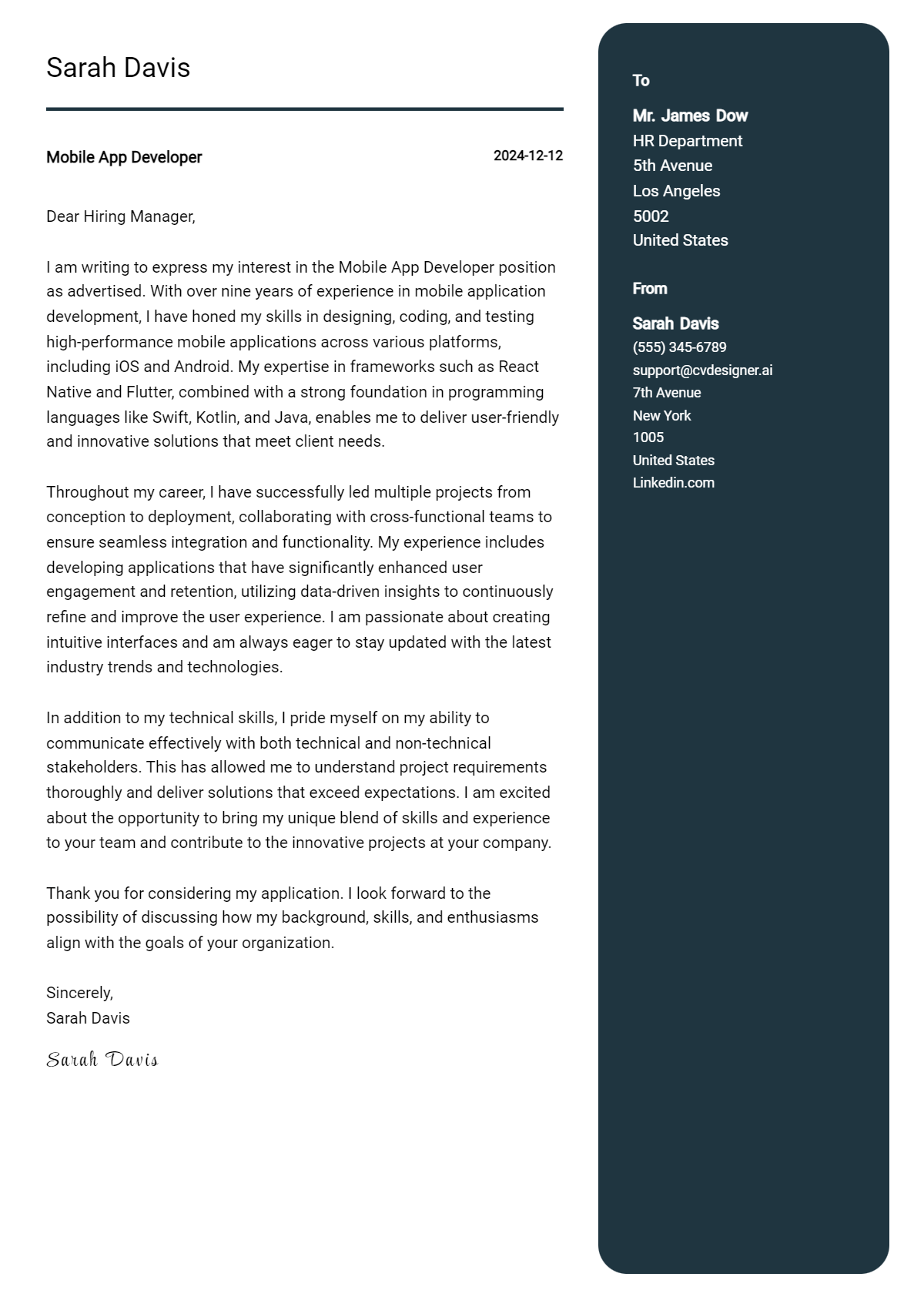 mobile app developer cover letter example