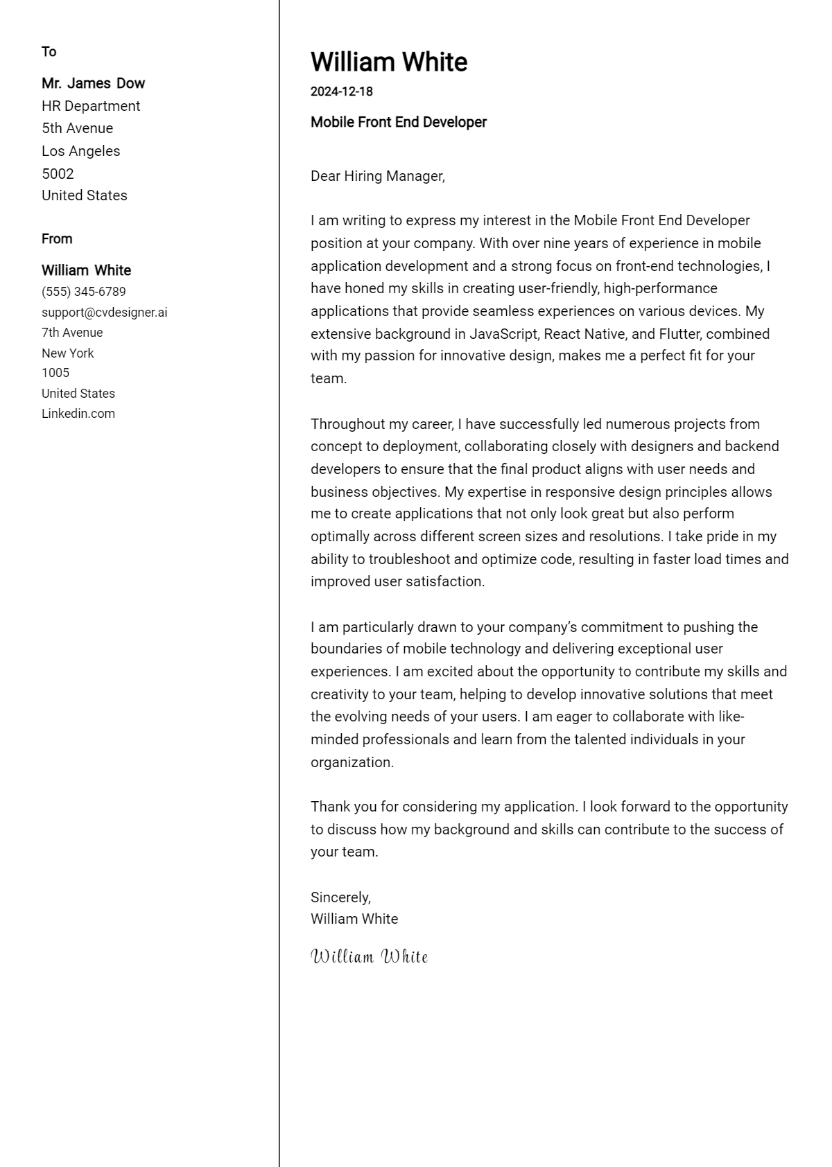 mobile front end developer cover letter example