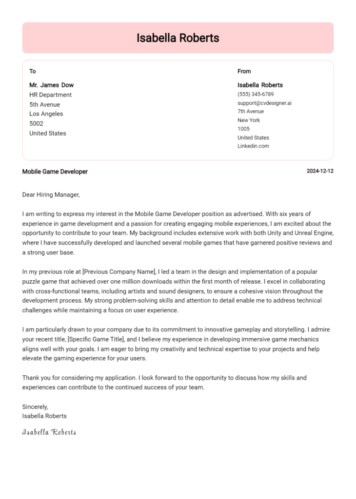 mobile game developer cover letter example