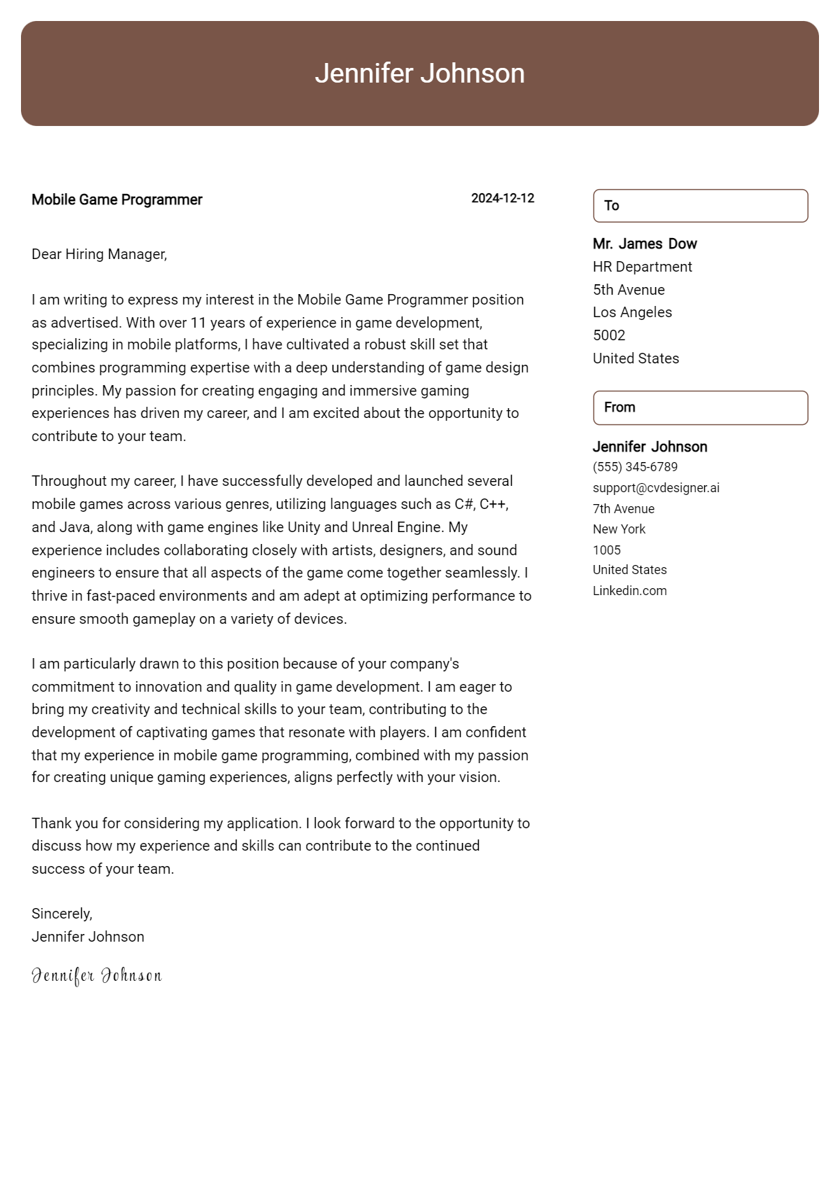 mobile game programmer cover letter example