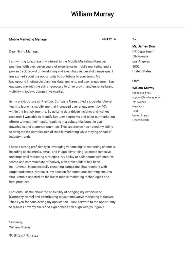 mobile marketing manager cover letter example