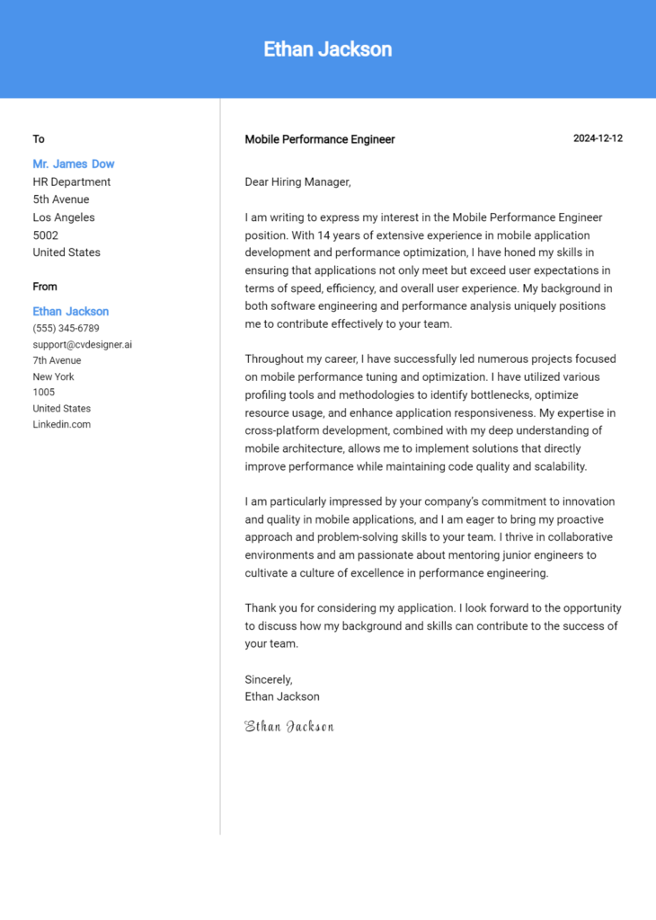 mobile performance engineer cover letter example
