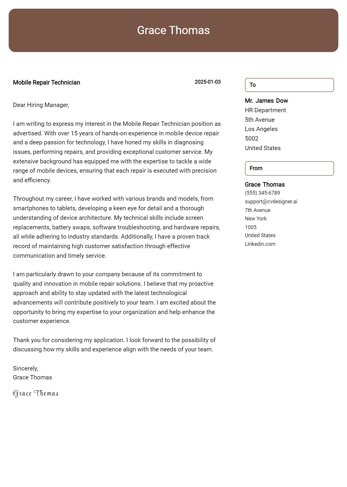 mobile repair technician cover letter example