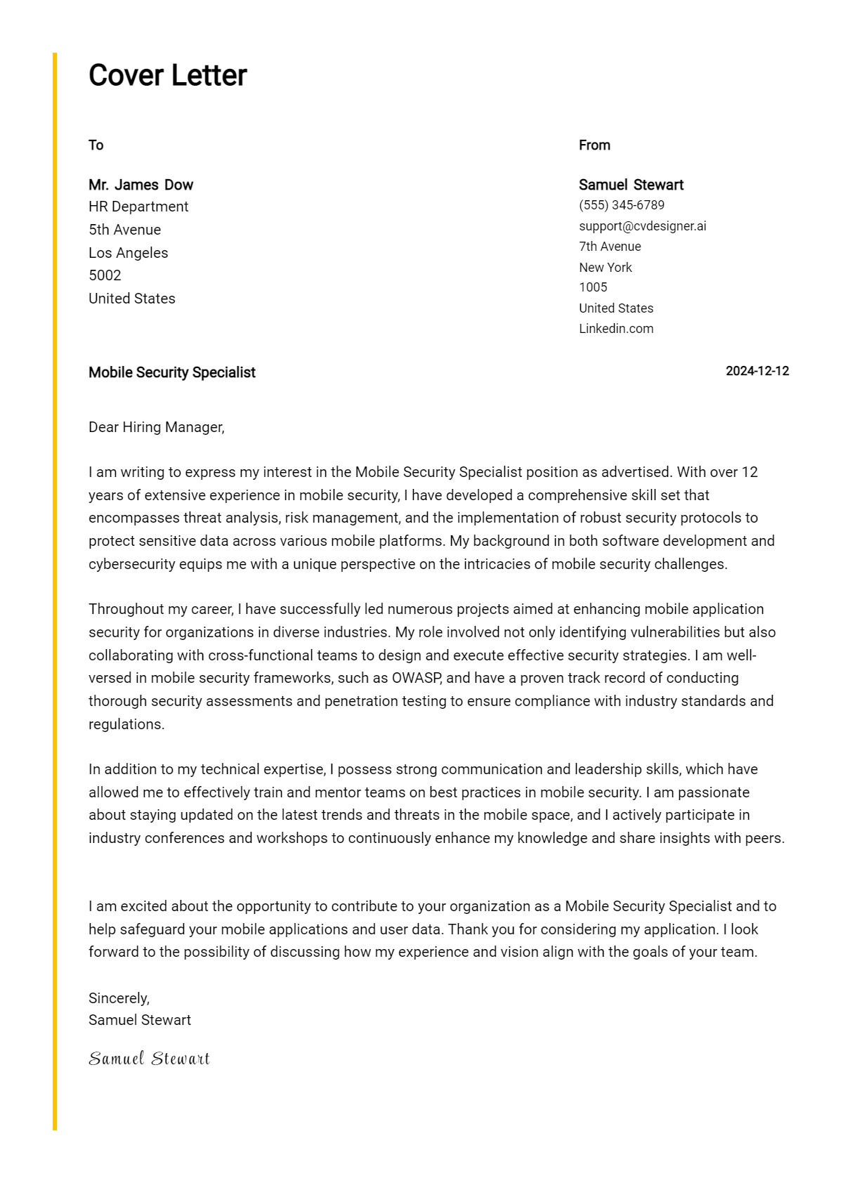 mobile security specialist cover letter example