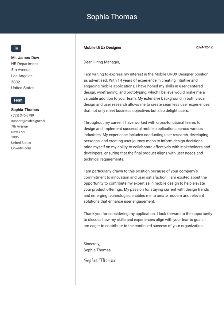 mobile ui ux designer cover letter example