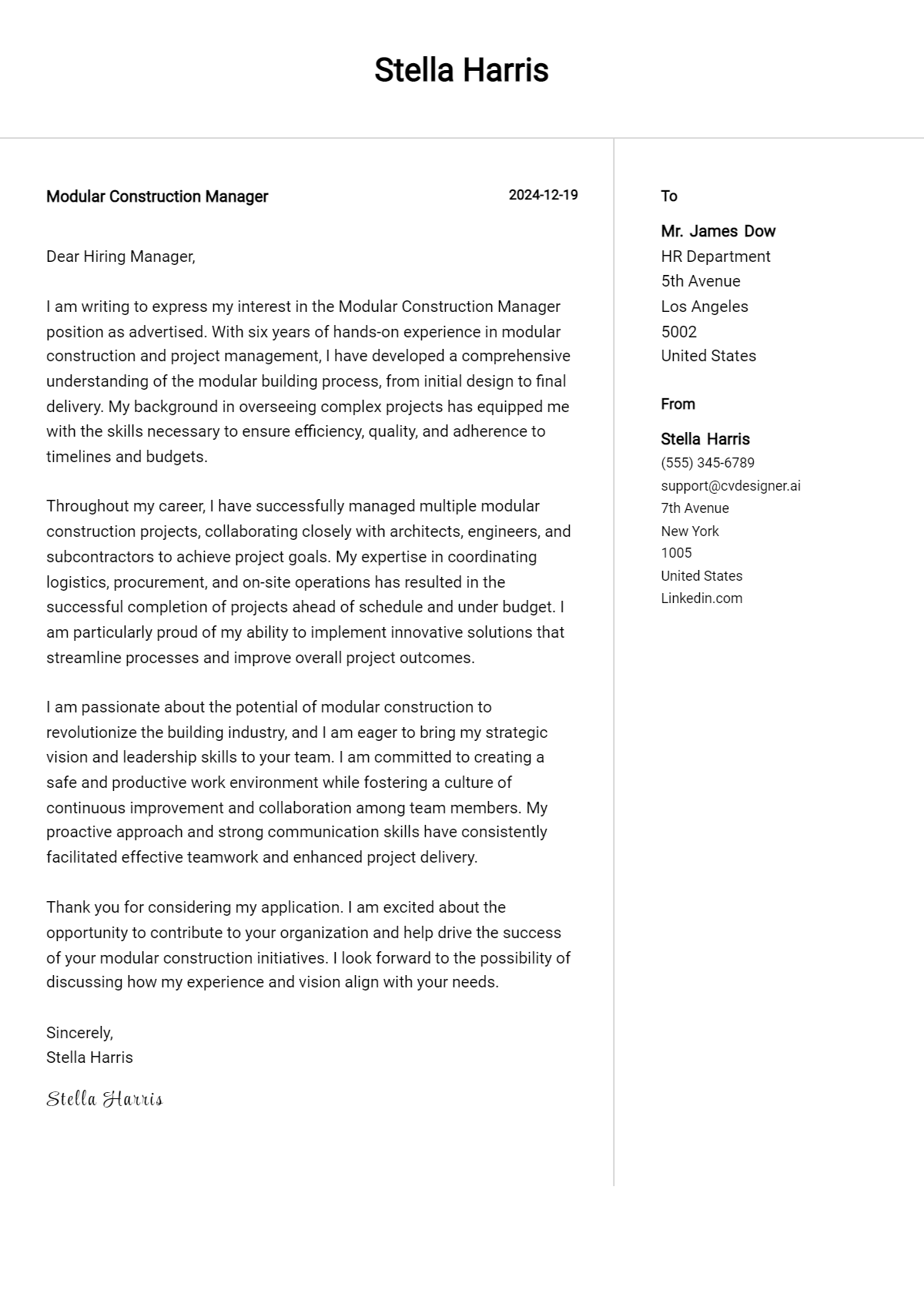 modular construction manager cover letter example