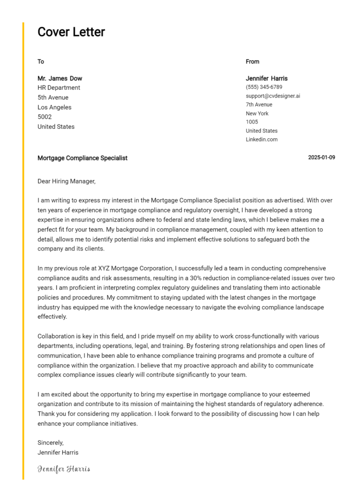 mortgage compliance specialist cover letter example