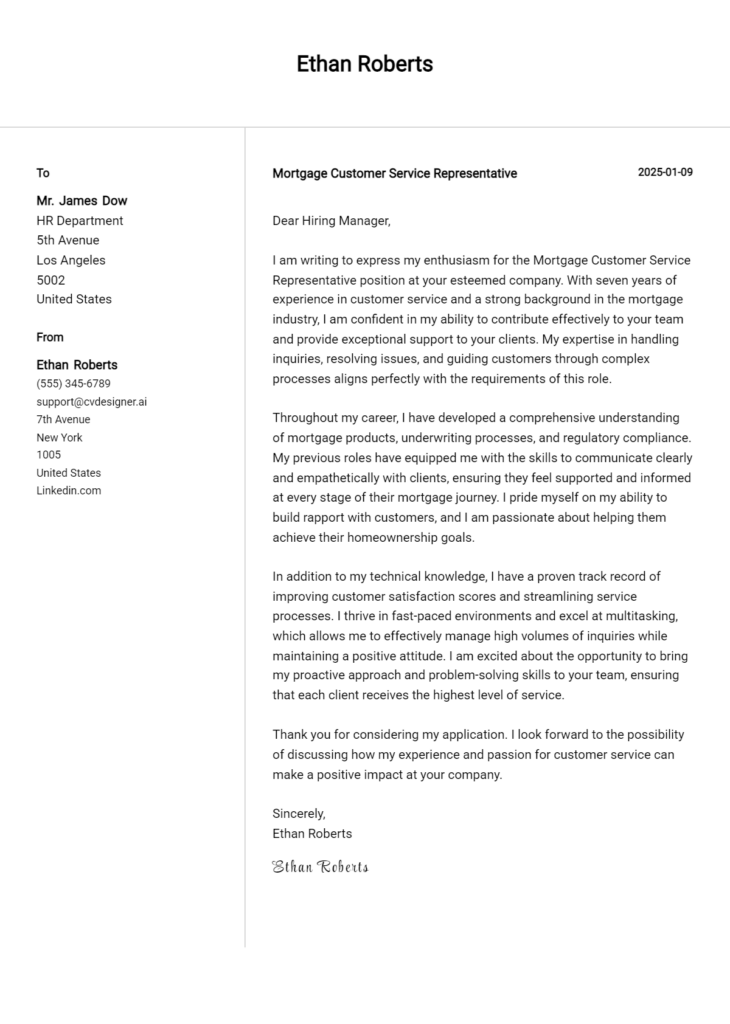 mortgage customer service representative cover letter example