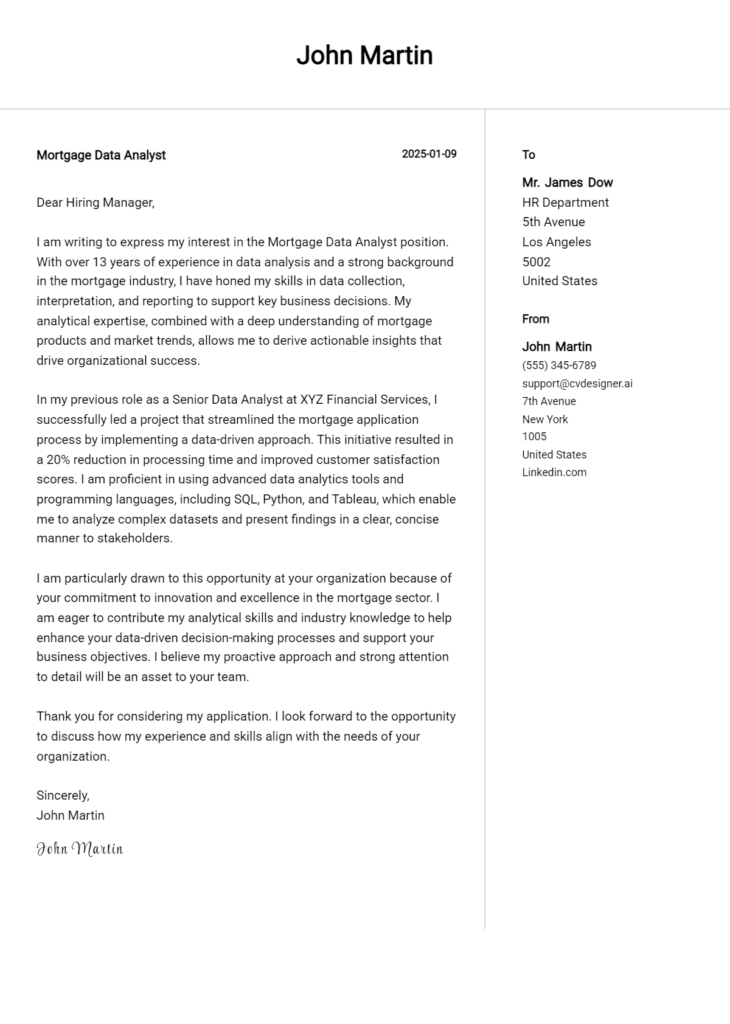 mortgage data analyst cover letter example